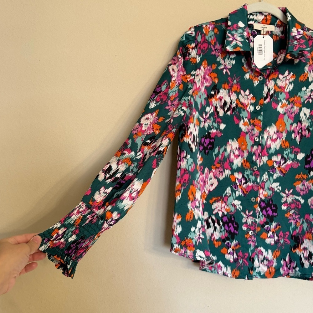 Entro Watercolor Floral Long Sleeve Blouse Claudia Teal Green Print Size M NEW